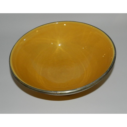 63 - Yellow porcelain Bowl with Metal Edging , diameter is apx 26cm