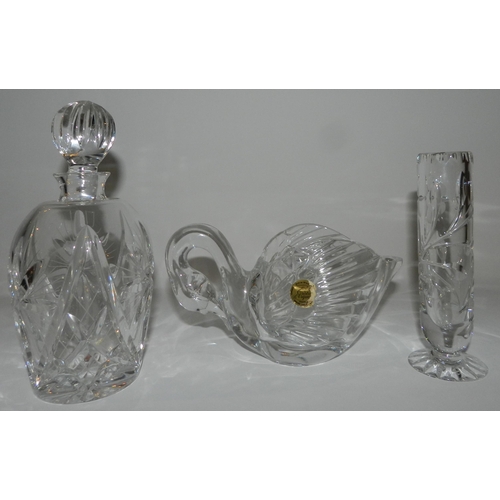 83 - Small crystal cut decanter with a crystal swan and a crystal vase apx 14cm height & 24.5cm diameter