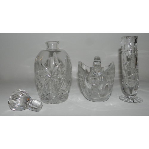 83 - Small crystal cut decanter with a crystal swan and a crystal vase apx 14cm height & 24.5cm diameter