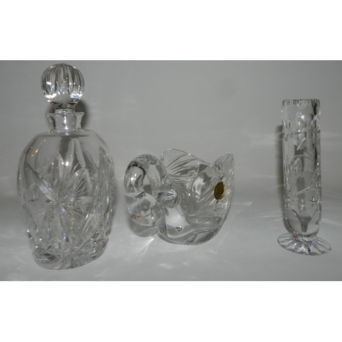 83 - Small crystal cut decanter with a crystal swan and a crystal vase apx 14cm height & 24.5cm diameter