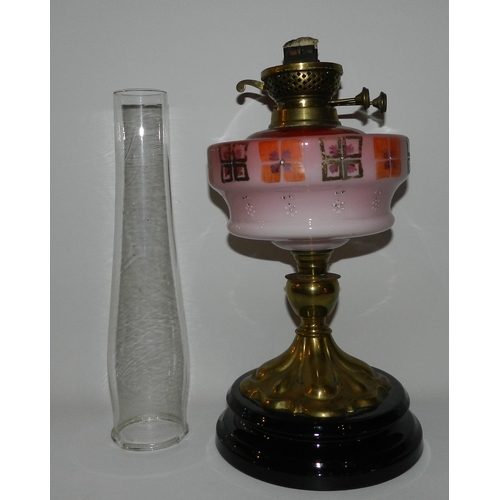 92 - Petroleum lamp , pink glass tank, apx 65cm 