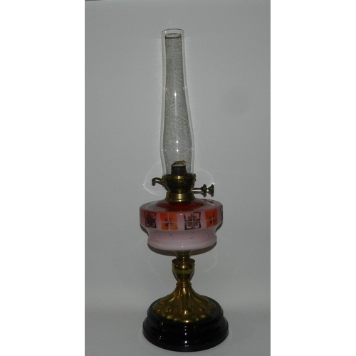 92 - Petroleum lamp , pink glass tank, apx 65cm 