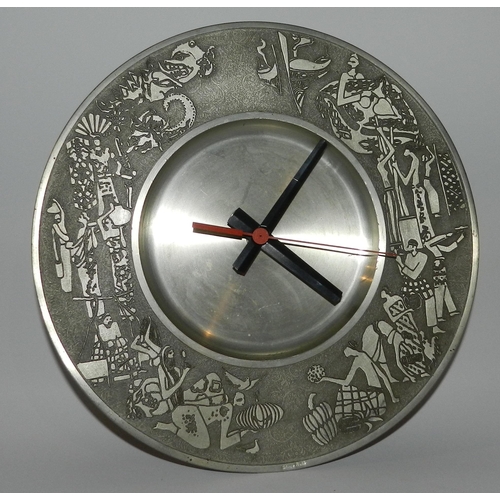 95 - Pewter wall hanging clocks apx 26cm diameter