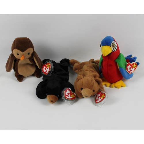 10 - Ty Beanie Babies, With Tags, In Mint Condition, Blackie 1994, Cubbie 1993, Hoot style 4073 1995, Jab... 