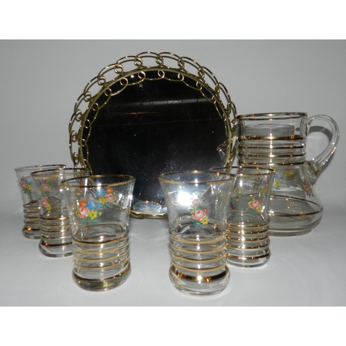 112 - Two Sets of Glass with Jug and Decanter, on Two Mirrored Trays, Mint Condition