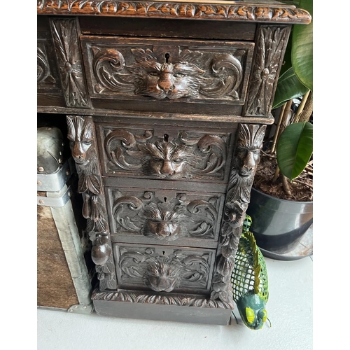 131 - Victorian Neo Gothic Green Man Carved Pedestal Desk, Carved Lions Heads Handles, 48'' Inches Tall, D... 