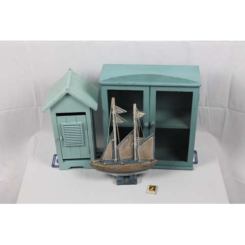 137 - Blue Wooden Set,  Shelves Unit, Ship and a Large Beach Hut ( Unit Is 18'' x 16'' Inches )
( Beach Hu... 