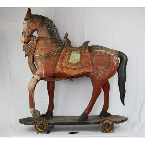 151 - Antique Full Size Carved and Painted Horse on Wheels, 40'' Inches Tall,