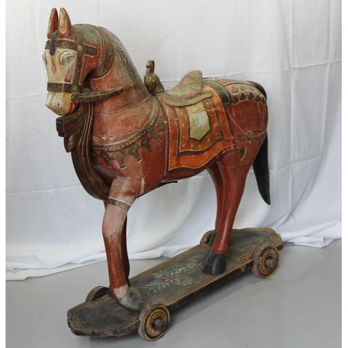 151 - Antique Full Size Carved and Painted Horse on Wheels, 40'' Inches Tall,