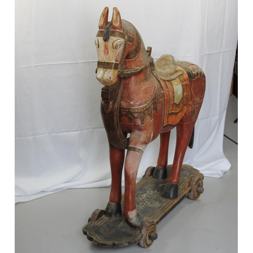 151 - Antique Full Size Carved and Painted Horse on Wheels, 40'' Inches Tall,