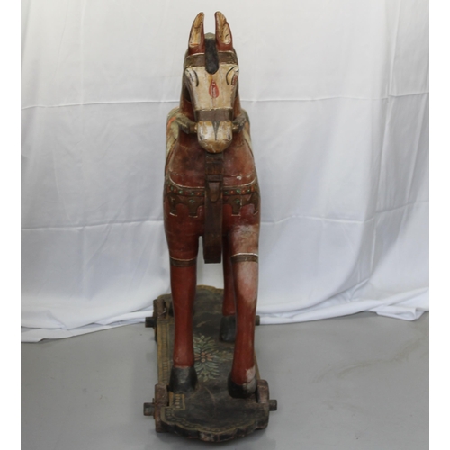 151 - Antique Full Size Carved and Painted Horse on Wheels, 40'' Inches Tall,