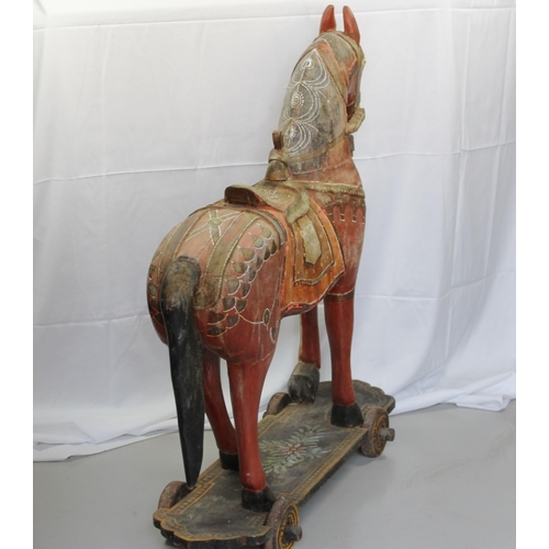 151 - Antique Full Size Carved and Painted Horse on Wheels, 40'' Inches Tall,