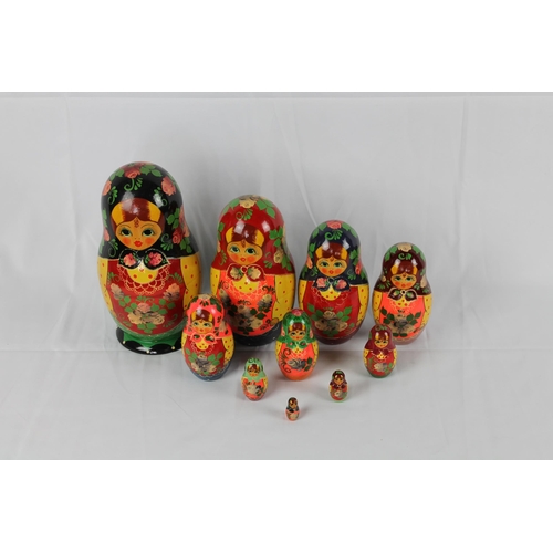 157 - Vintage Russian Babushka Nesting Doll, 9.5'' Inches Tall, ( 10 inside )