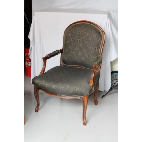 162 - Antique Walnut French Chair, Green Upholstery, Solid, Mint Condition, seat H. 17'' Inches, ( 38'' Ta... 