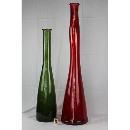 184 - Two Very Heavy and Large Glass Vases, Red is 39.5'' Inches Tall, Green is 31.5'' Tall