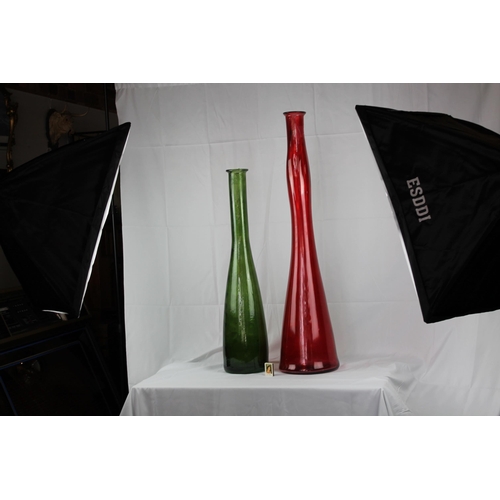 184 - Two Very Heavy and Large Glass Vases, Red is 39.5'' Inches Tall, Green is 31.5'' Tall