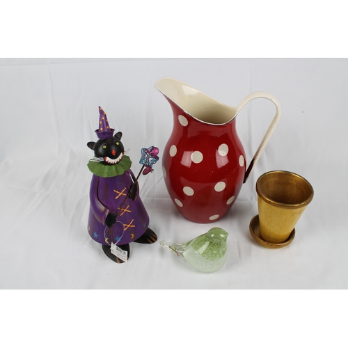 232 - Large Enamel Jug 11'' inches tall ( 27cm) in Mint Condition with some other items, glass bird,plant ... 