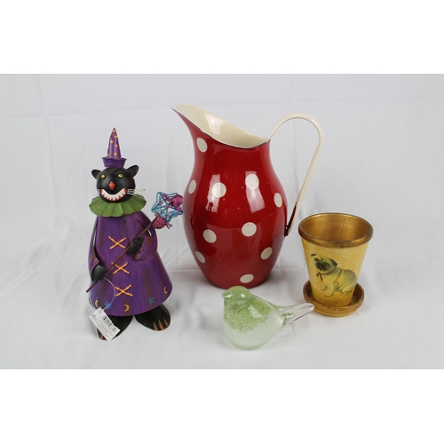 232 - Large Enamel Jug 11'' inches tall ( 27cm) in Mint Condition with some other items, glass bird,plant ... 