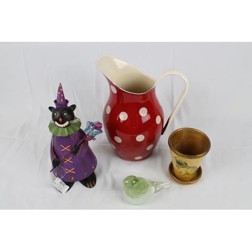 232 - Large Enamel Jug 11'' inches tall ( 27cm) in Mint Condition with some other items, glass bird,plant ... 