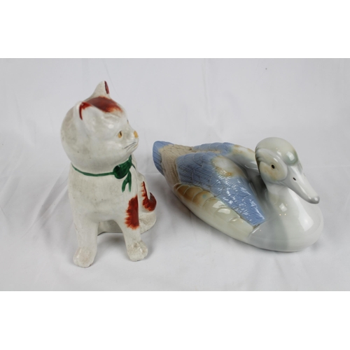 234 - Antique White and Brown Staffordshire Mantle Cat Figure 8'' inches tall ( 21cm) , with a porcelain D... 