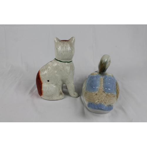 234 - Antique White and Brown Staffordshire Mantle Cat Figure 8'' inches tall ( 21cm) , with a porcelain D... 