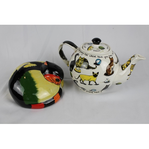 245 - Lorna Bailey porcelain Cat Moneybox 7'' inches diameter, ( 18cm), with a Porcelain Tea Pot