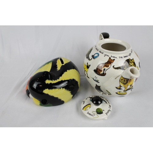 245 - Lorna Bailey porcelain Cat Moneybox 7'' inches diameter, ( 18cm), with a Porcelain Tea Pot