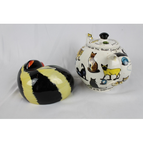 245 - Lorna Bailey porcelain Cat Moneybox 7'' inches diameter, ( 18cm), with a Porcelain Tea Pot