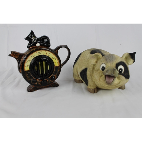 248 - Vintage Swineside Tea Pottery,Cat on Radio Ceramic tea Pot 8'' x 8'' inches, 20x20cm, with a resin P... 