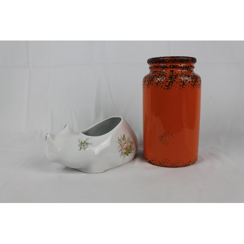 249 - Bairstow`s Manor Pottery Cat, 9'' x 4'' inches, ( 23 x 10cm ) with a Orange Porcelain Jar 9'' tall d... 