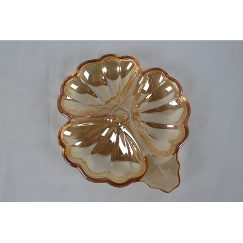 274 - Vintage Jeannette Carnival Glass Marigold Clover Leaf, Candy Dish, Triple Divide. Mint Condition 7''... 