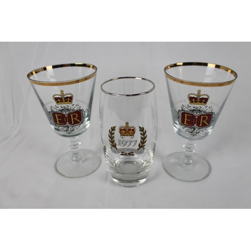 281 - Silver Jubilee Pair Wine Glasses 1977, Mint Condition , 6'' Inches Tall 15cm, three in total