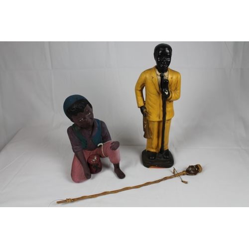 440 - Two Large Resin Statues and A African Wizard Wand 16'' Inches.