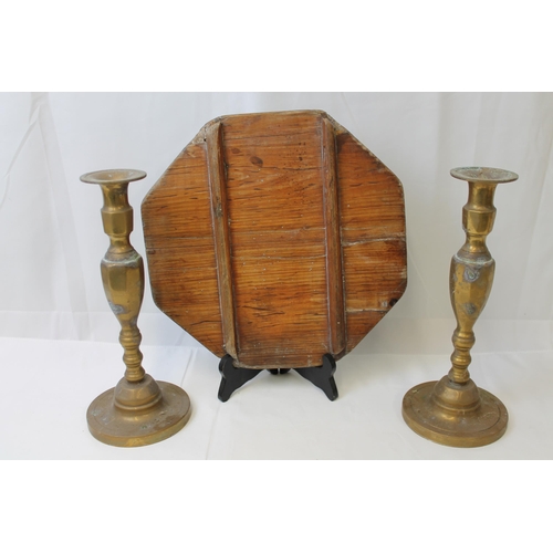 46 - Vintage Octagonal Wooden Lacquered Tray with a Pair of Vintage Very Heavy Solid Brass Candlesticks 1... 