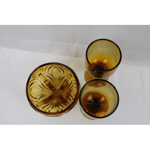 47 - Amber Art Deco British pressed Glass Footed Posy Bowl Vase Pattern, 4 1/2'' inches tall ( 11cm) and ... 