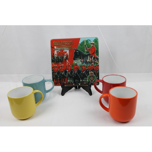 60 - Set of a Coloured mugs and a Glass Canadian Tray 8''x 8'' inches, ( 20.5 x 20.5cm )