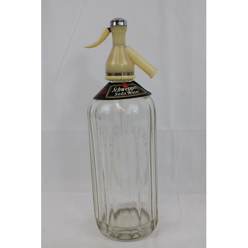 5 - 1950's Schweppes Etched Glass Soda Syphon With Neck Label, 31cm tall