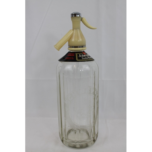 5 - 1950's Schweppes Etched Glass Soda Syphon With Neck Label, 31cm tall