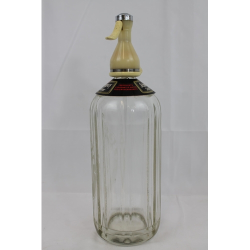 5 - 1950's Schweppes Etched Glass Soda Syphon With Neck Label, 31cm tall