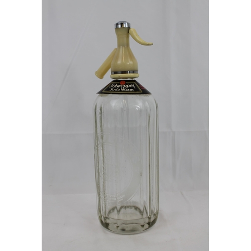 5 - 1950's Schweppes Etched Glass Soda Syphon With Neck Label, 31cm tall