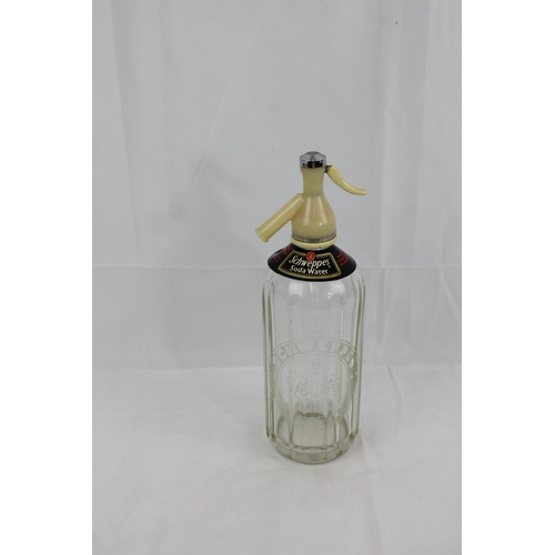 5 - 1950's Schweppes Etched Glass Soda Syphon With Neck Label, 31cm tall