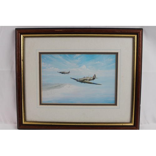 9 - Vintage Trevor Lay Print of a Spitfire and a Hurricane, 30 x 25cm