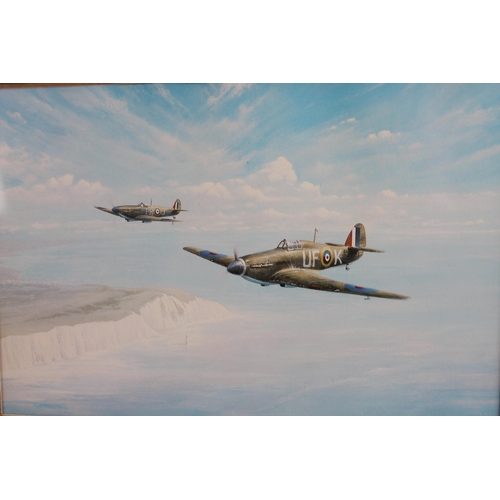 9 - Vintage Trevor Lay Print of a Spitfire and a Hurricane, 30 x 25cm