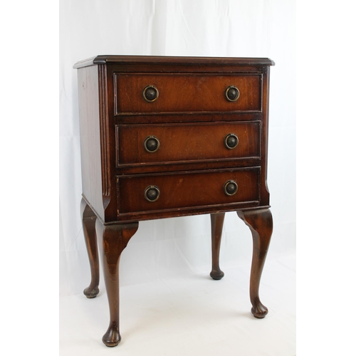 49 - Small Mahogany Three Drawer Chest on Legs , 68cm tall , 44 x 33 cm