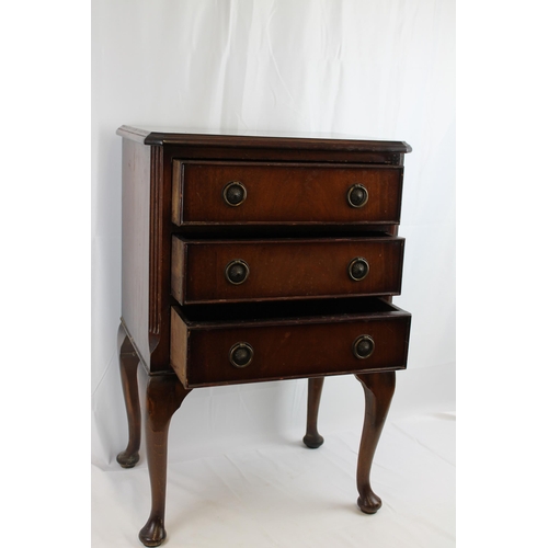 49 - Small Mahogany Three Drawer Chest on Legs , 68cm tall , 44 x 33 cm