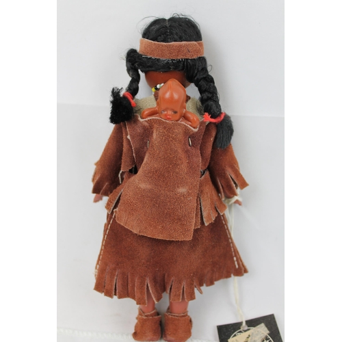 57 - Vintage Native American Girl with a Kid on Her Back, leather Clothes Doll  with Tags