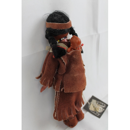 57 - Vintage Native American Girl with a Kid on Her Back, leather Clothes Doll  with Tags