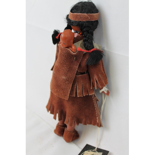 57 - Vintage Native American Girl with a Kid on Her Back, leather Clothes Doll  with Tags