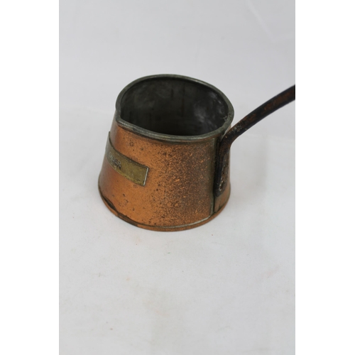 60 - Vintage Cider Copper Measure, Brass Label and a wrought iron Handle