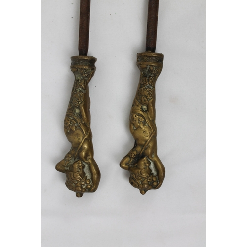 67 - Victorian Brass Companion Set with a decorated Handles  , 63 cm